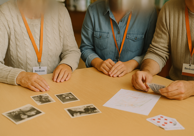 Mains de bénévoles et de résidents autour d'une table